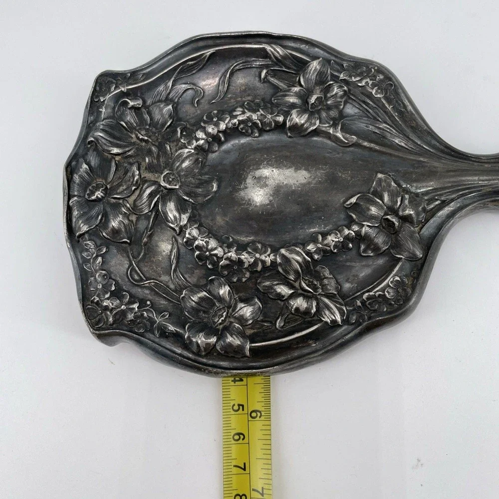 Antique Art Nouveau Hand Mirror Homan Manufacturing Quadruple Plating Floral.